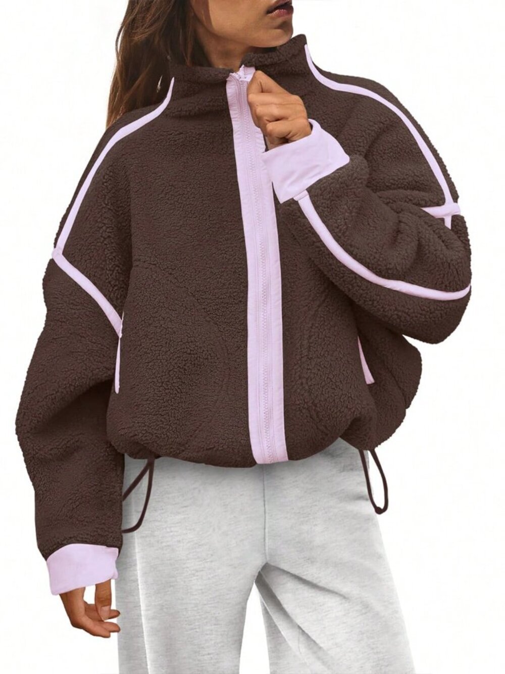Brown Elegant Women's Coat with Stand Collar